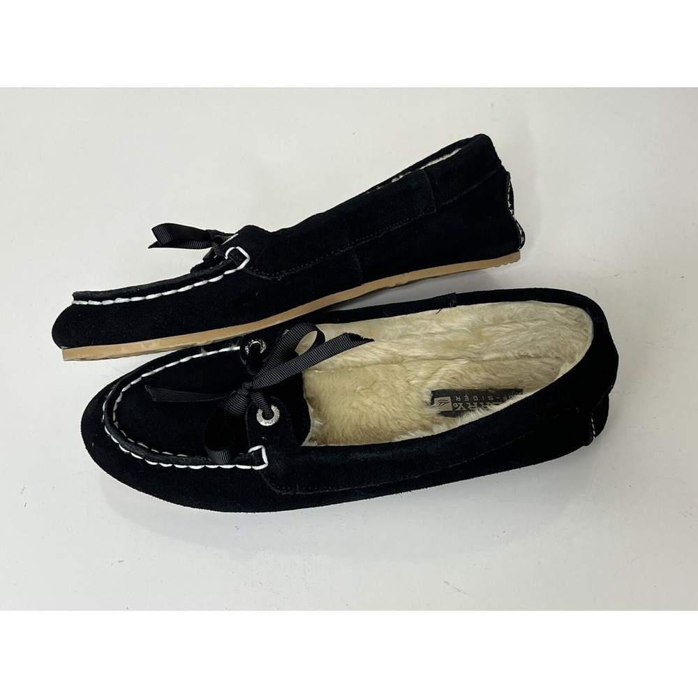 Sperry Top-Sider Black Suede Leather Moccasin Slippers Faux Fur Womens Size 7